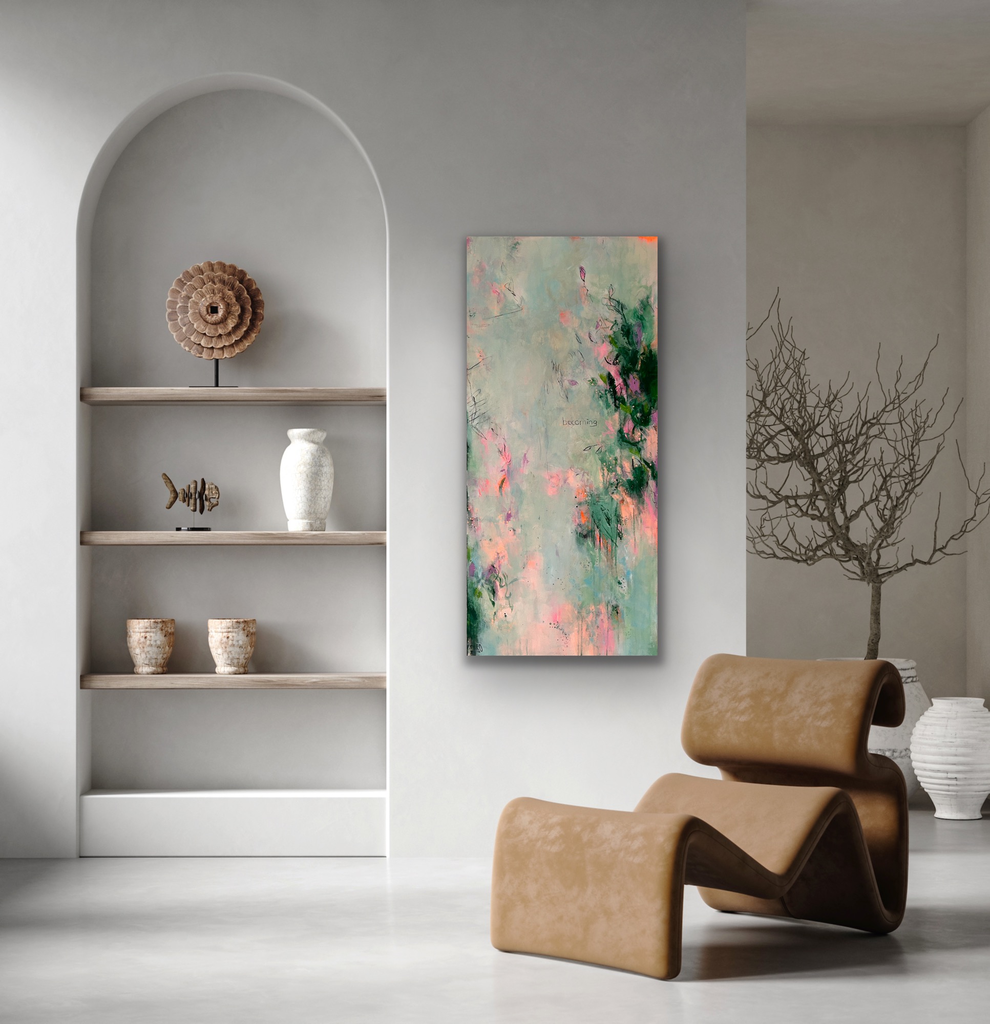 Abstraktes Kunstwerk „Becoming“ von Sandra Obel in einer modernen Wohnraumgestaltung.