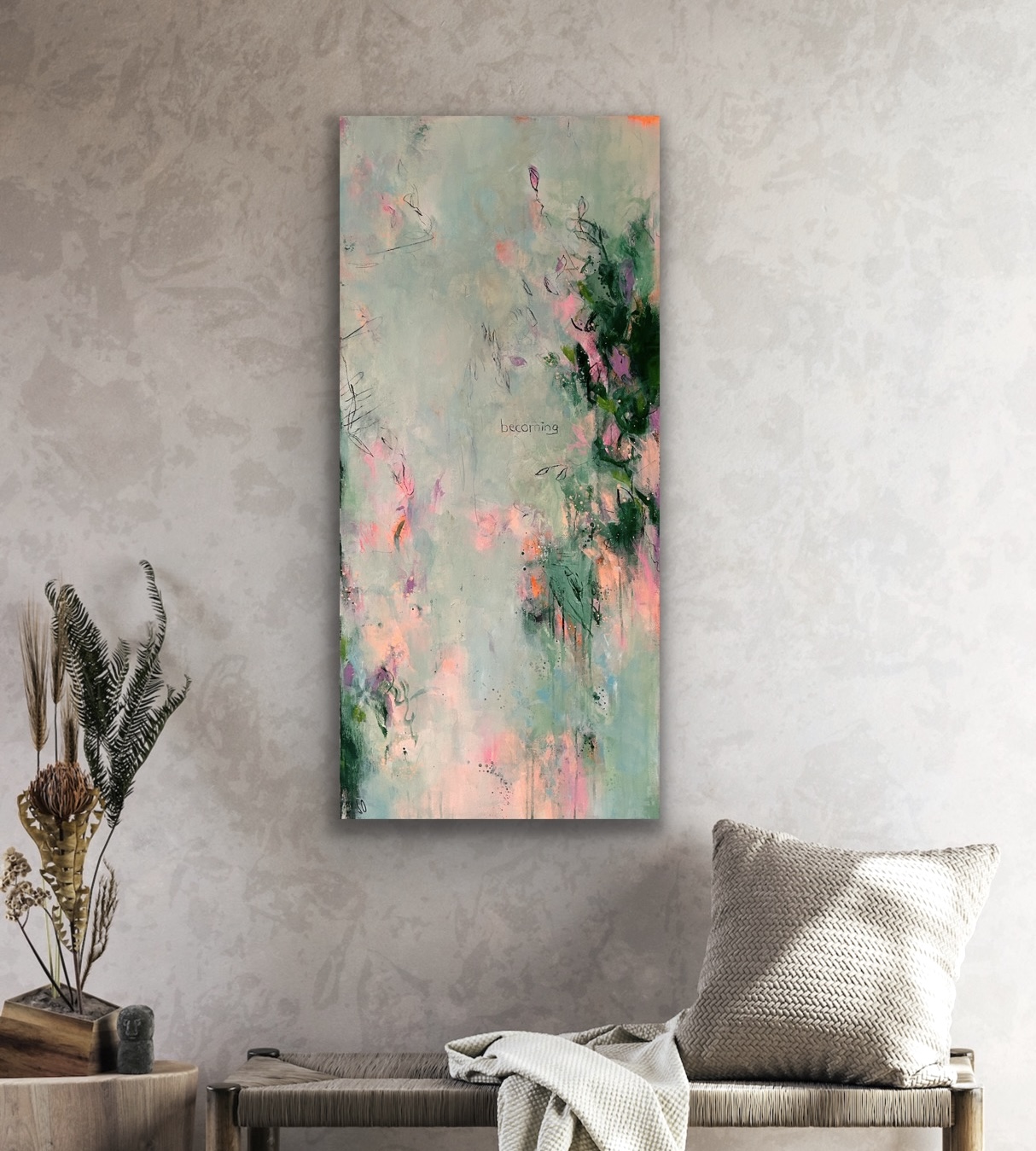 Abstraktes Kunstwerk „Becoming“ von Sandra Obel in einer modernen Wohnraumgestaltung.