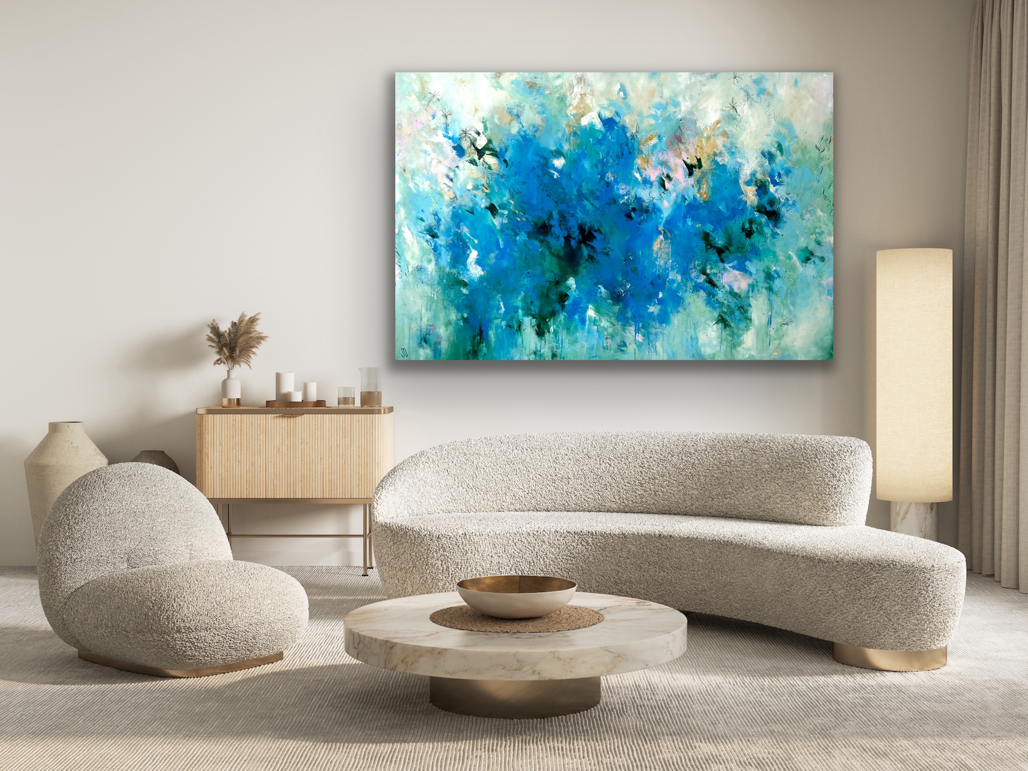 Kunstwerk At the beach. Abstraktes Gemälde von Sandra Obel.