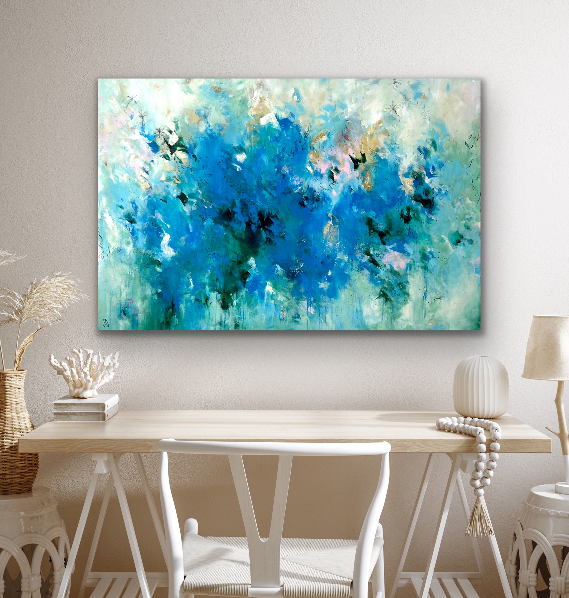 Kunstwerk At the beach. Abstraktes Gemälde von Sandra Obel.