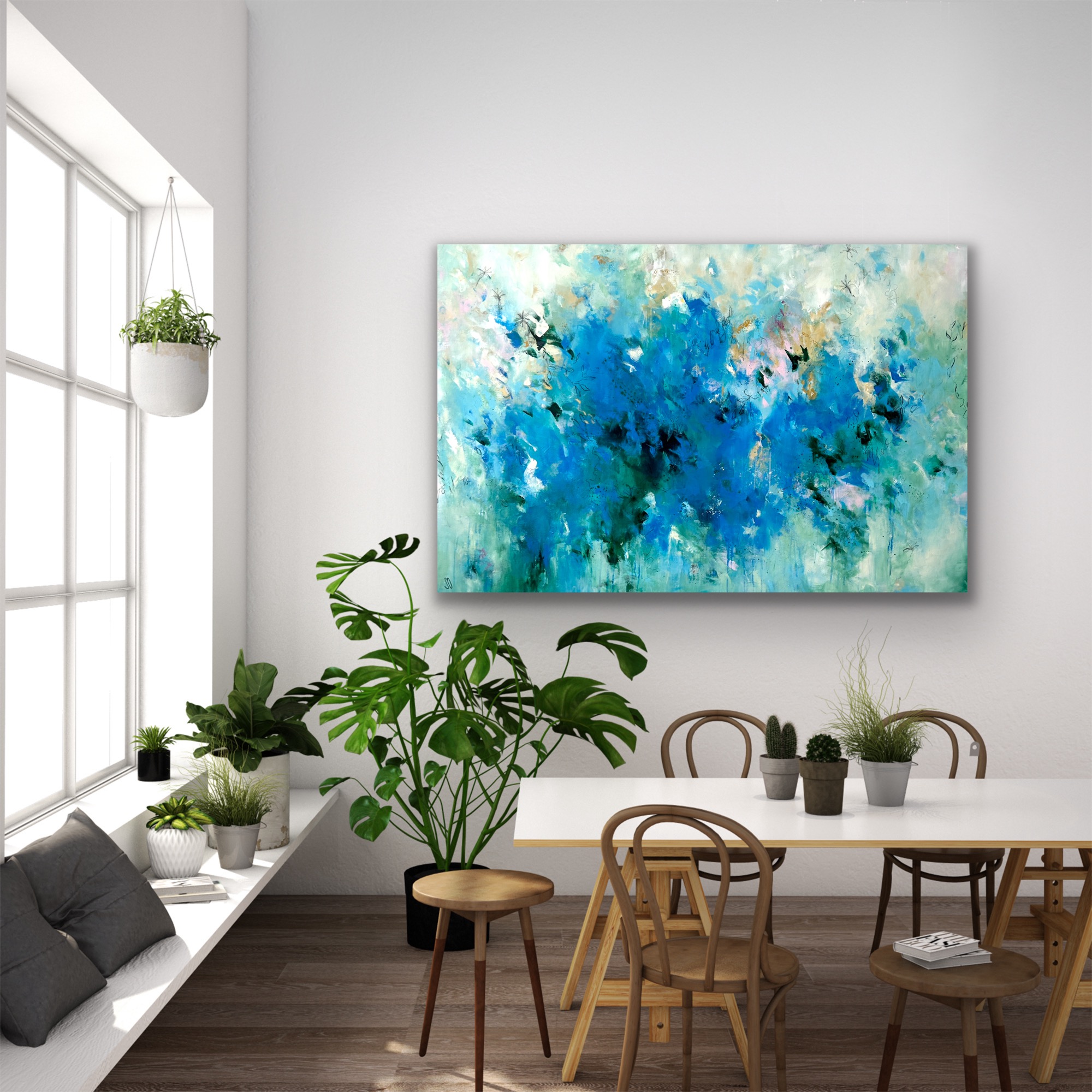 Kunstwerk At the beach. Abstraktes Gemälde von Sandra Obel.