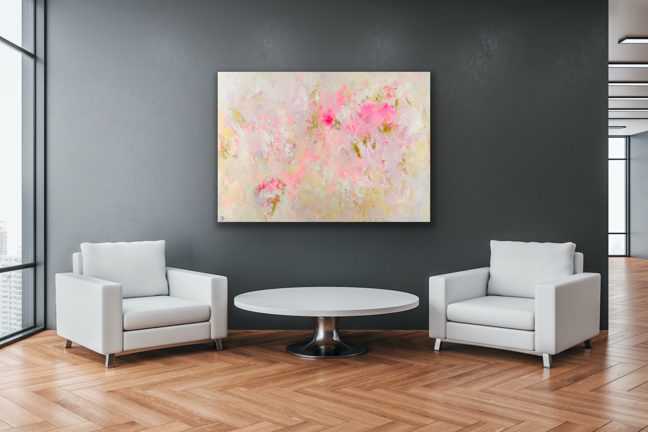 Abstraktes Kunstwerk „Golden Ease“ von Sandra Obel in einem modernen Wohnraum mit heller Wand und zurückhaltender Einrichtung.