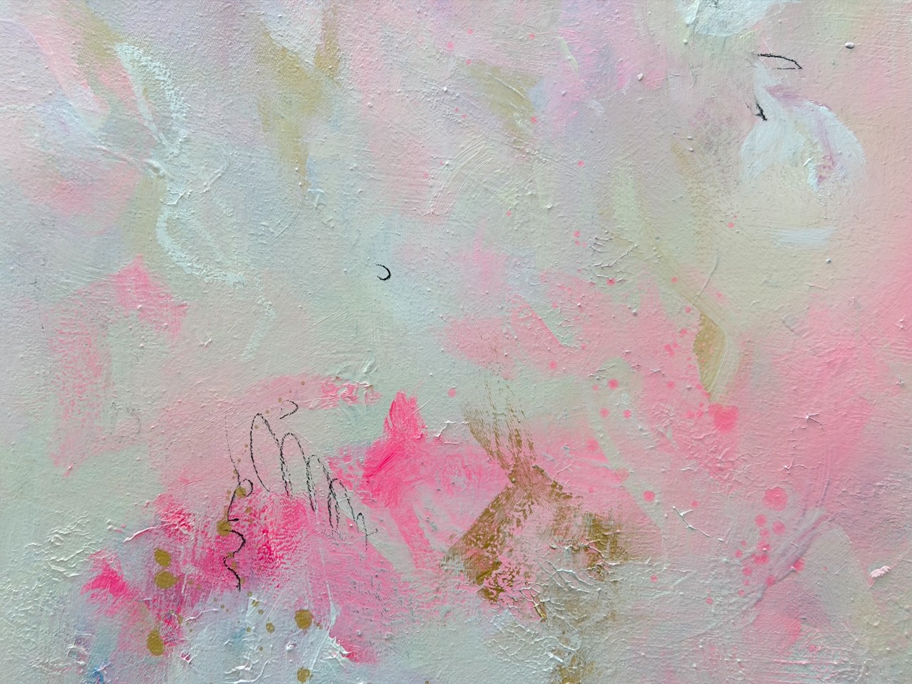 Detail aus dem abstrakten Kunstwerk „Golden Ease“ von Sandra Obel mit leuchtenden Pinkflächen, goldenen Akzenten und vielschichtigen Farbstrukturen.