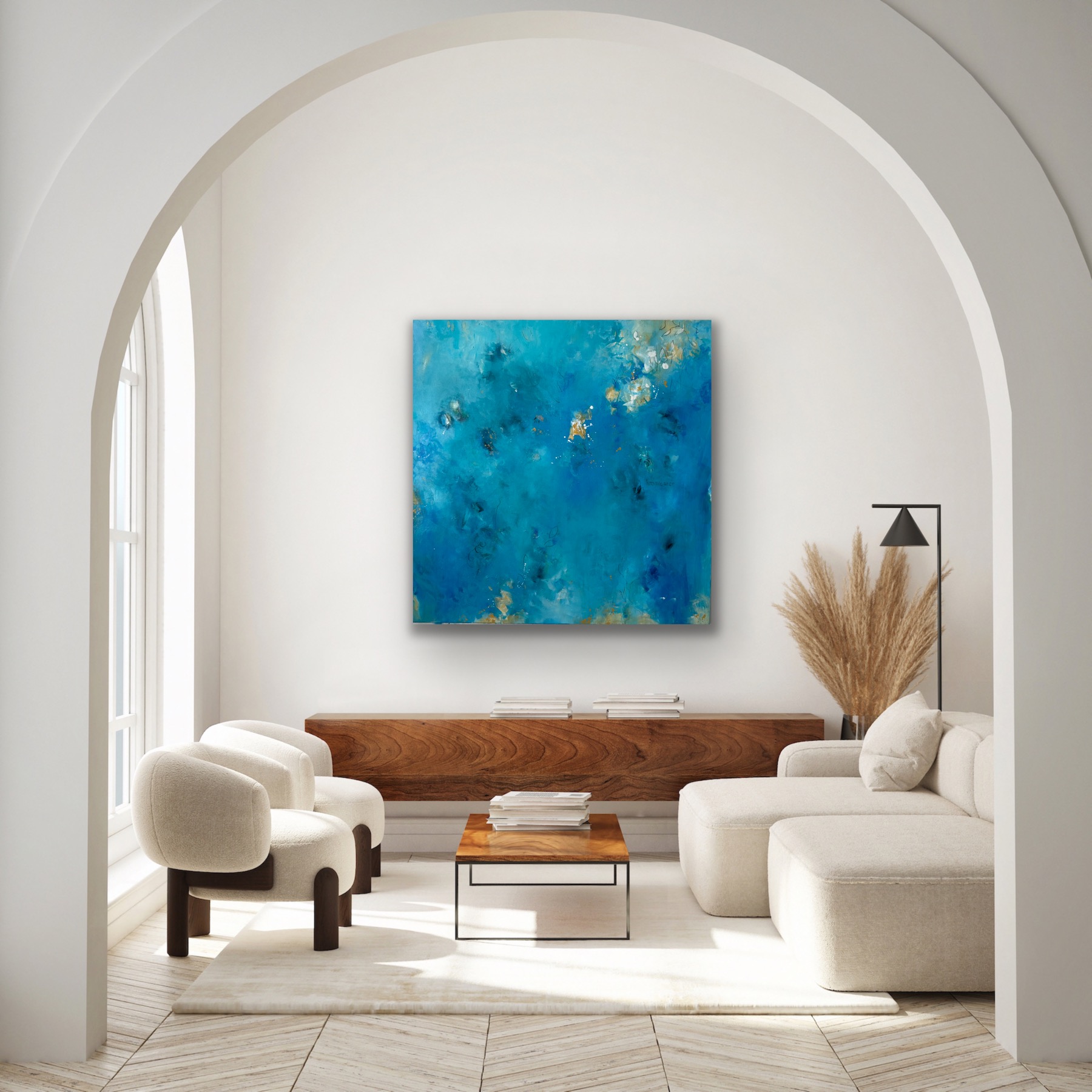 Abstraktes Kunstwerk „Into the Deep“ von Sandra Obel in einer modernen Wohnraumgestaltung.