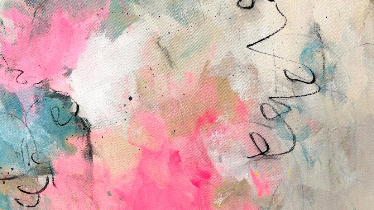 Detail des abstrakten Kunstwerks „River in you“ mit transparenten Farbschichten, organischen Strukturen und lebendigen Farbverläufen.