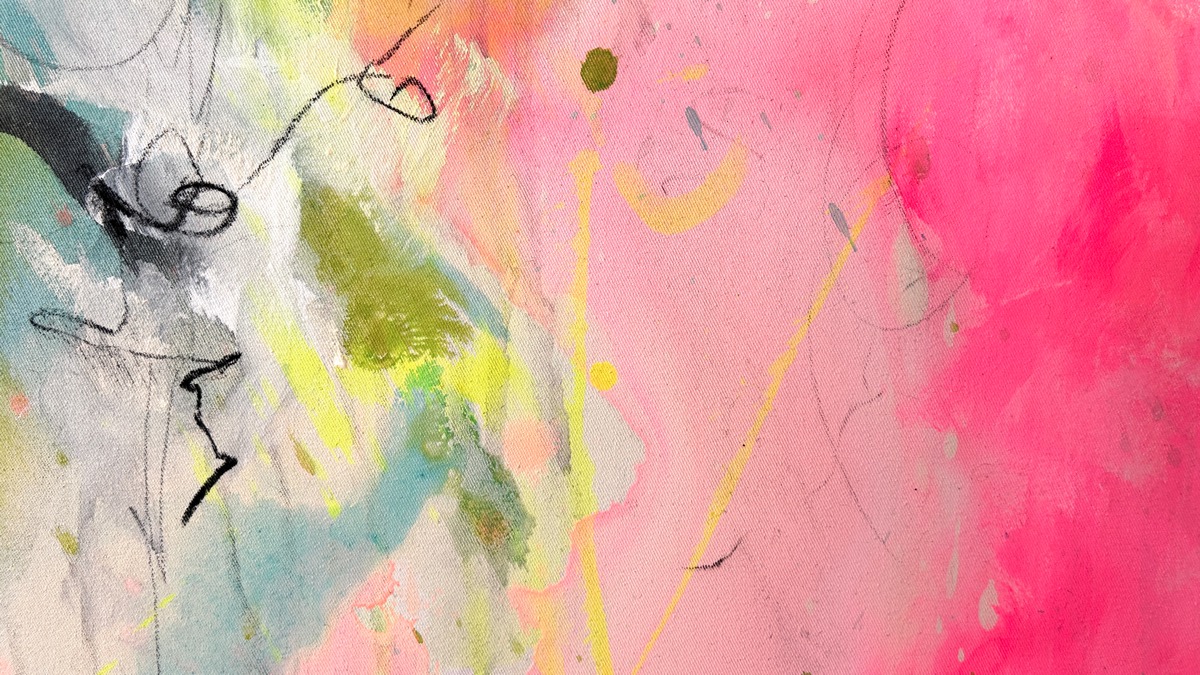 Detail aus „River in you“ mit leuchtenden Pinkflächen, sanften Blau- und Grüntönen sowie feinen Linien.