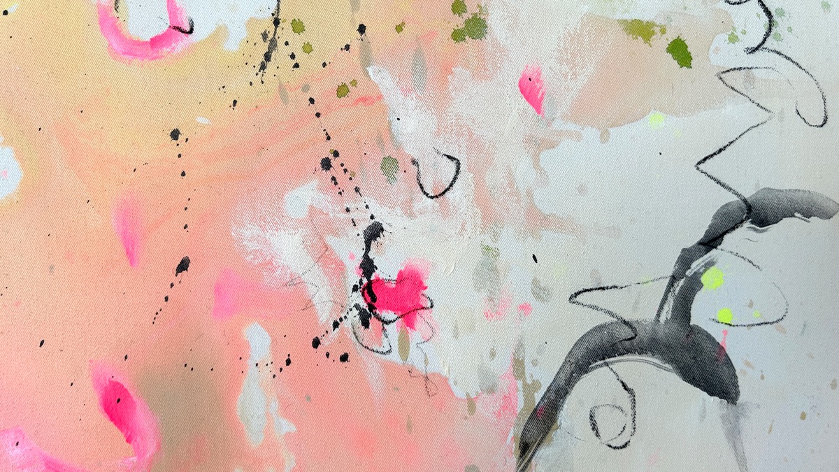 Detailansicht des Kunstwerks Vibrations von Sandra Obel mit schwarzen Linien, Strukturen und leuchtenden Farbakzenten.