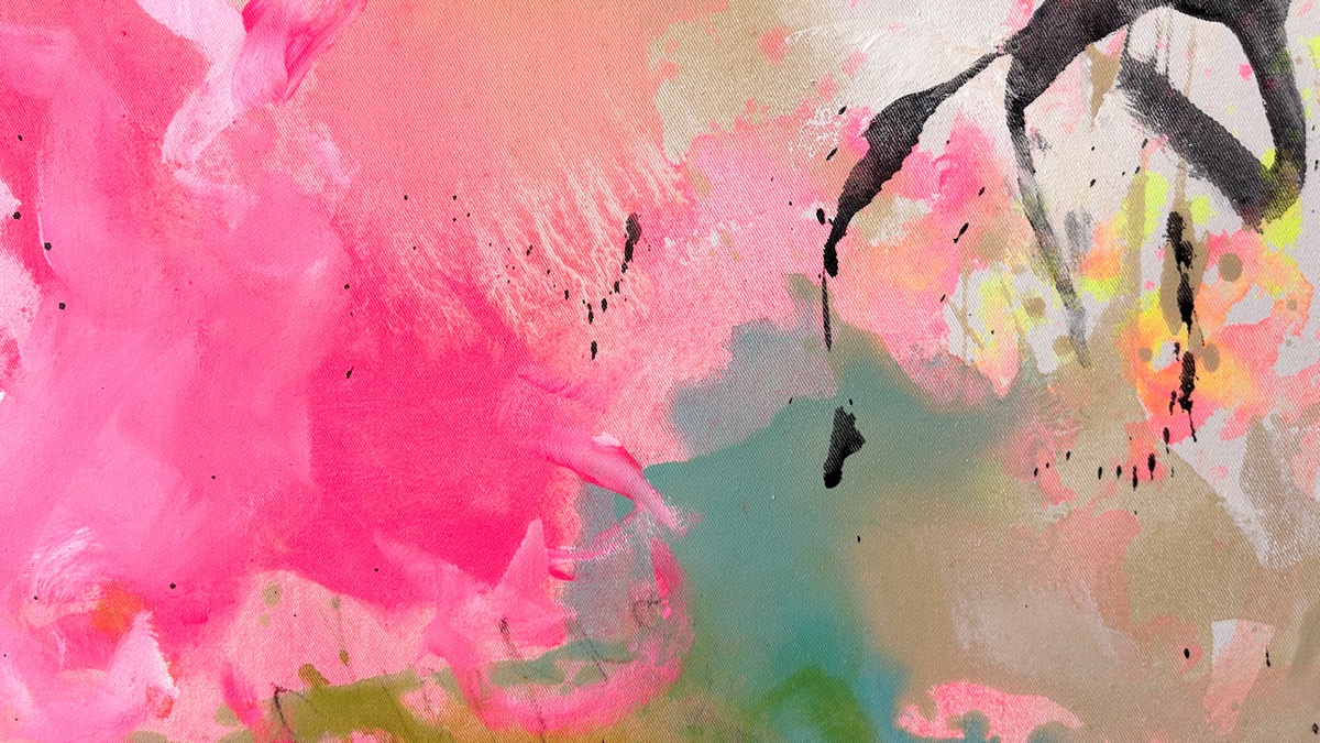 Detailaufnahme des abstrakten Kunstwerks Vibrations von Sandra Obel mit leuchtenden Neonfarben und dynamischen Farbverläufen.