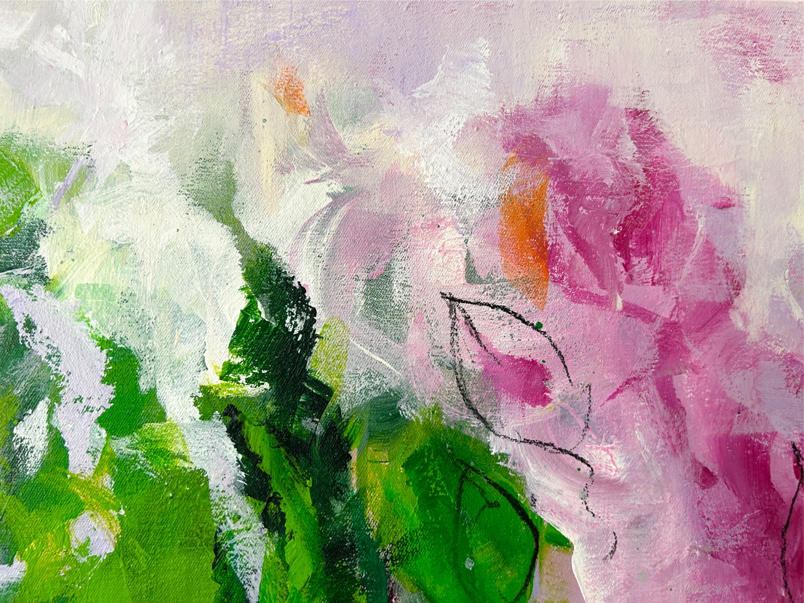 Detail aus dem abstrakten Kunstwerk „Heart Energy“ mit leuchtenden Pinktönen, feinen Linien und vielschichtigen Farbaufträgen.
