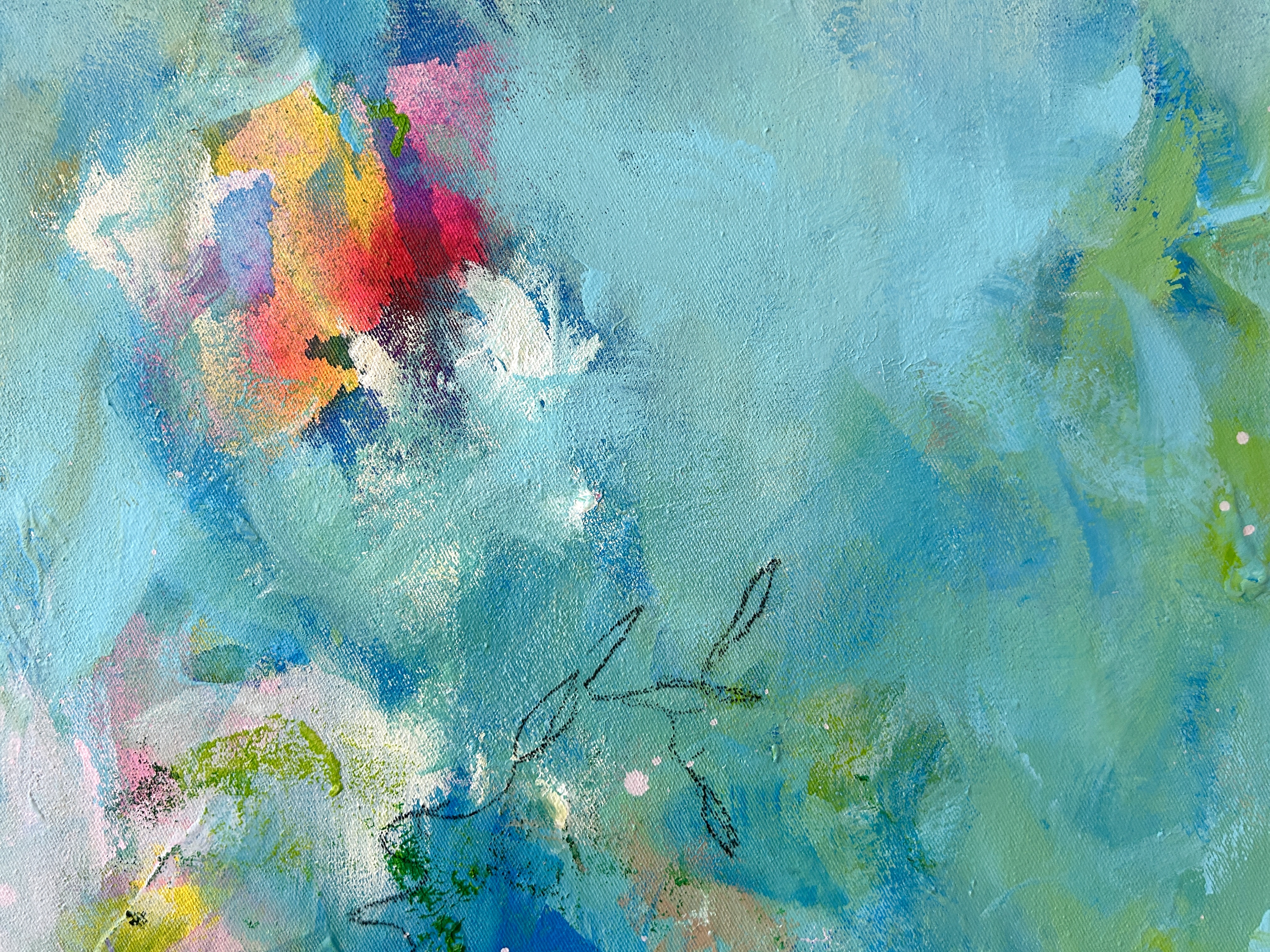 Detail aus dem abstrakten Kunstwerk „Deep Balance“ mit tiefen Blautönen, hellen Lichtflächen und vielschichtigen Farbaufträgen.
