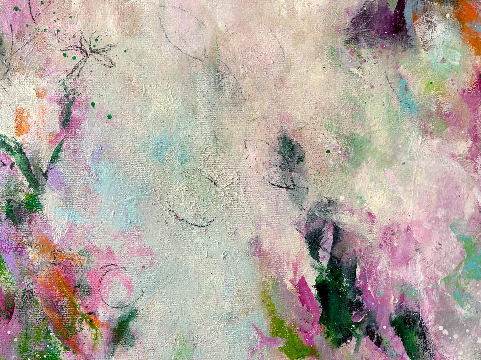 Detail aus „Silent Dance“ mit lebendigen Pink-, Grün- und Weißtönen sowie vielschichtigen Farbaufträgen und feinen Linien.