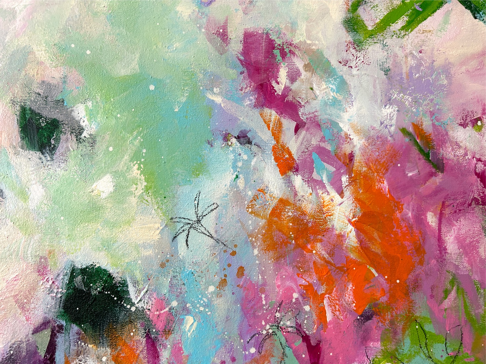 Detail aus „Silent Dance“ mit lebendigen Pink-, Grün- und Weißtönen sowie vielschichtigen Farbaufträgen und feinen Linien.