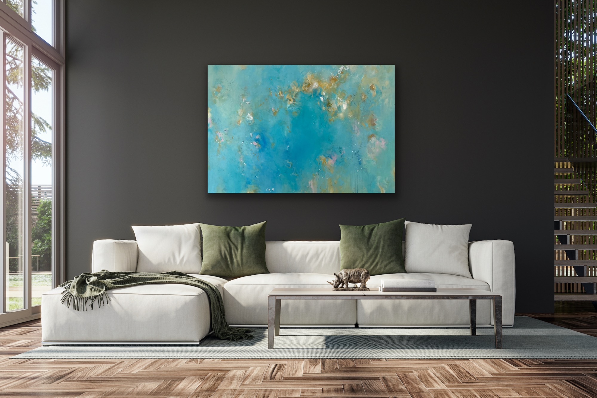 Abstraktes Kunstwerk „Between Sky and Sea“ von Sandra Obel als prägendes Gestaltungselement in einem modernen Wohn- oder Arbeitsraum.