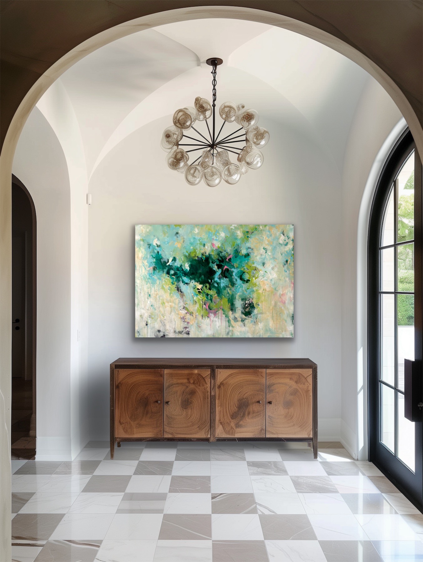 Kunstwerk Forest Whispers. Abstraktes Gemälde von Sandra Obel.