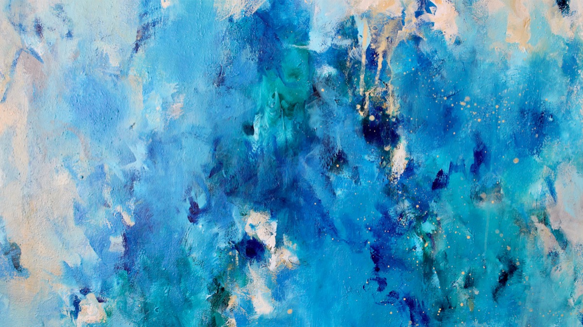 Detail aus dem abstrakten Kunstwerk „Imagine“ mit leuchtenden Blau-, Gold- und Weißtönen sowie feinen Linien.
