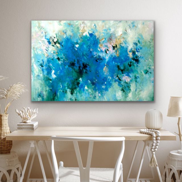 Kunstwerk At the beach. Abstraktes Gemälde von Sandra Obel.